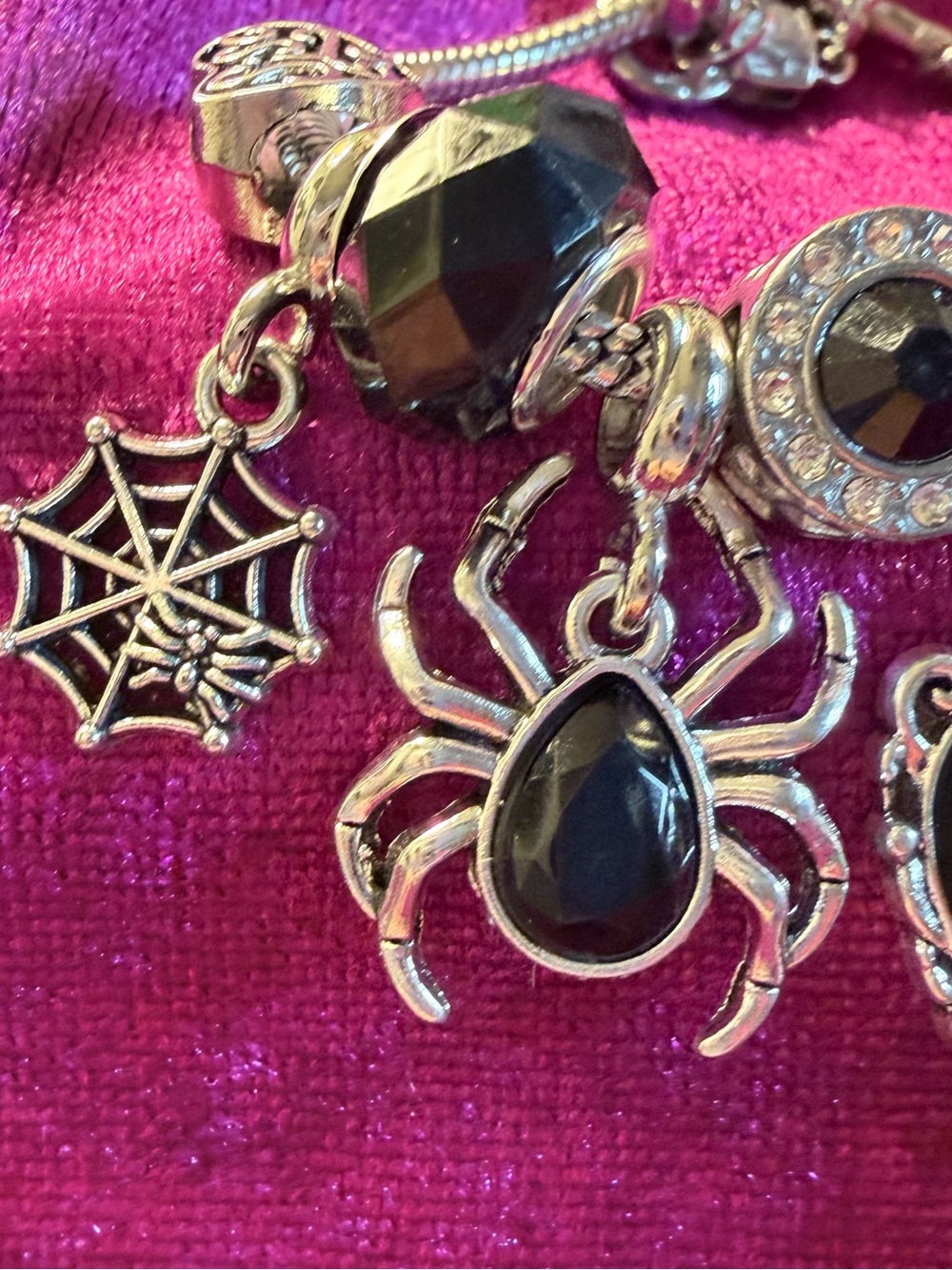New Halloween Spooky Silver Spider and Web Charm Bracelet with Black Accents